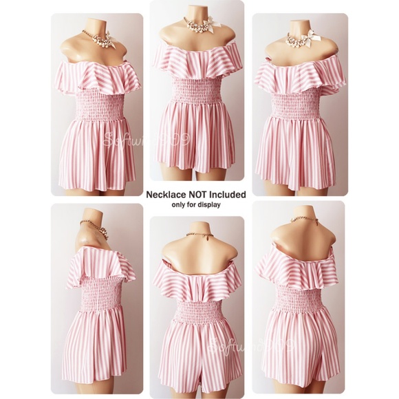 Last One☝️ Pink Striped Off Shoulder Ruffle Romper - Picture 3 of 8